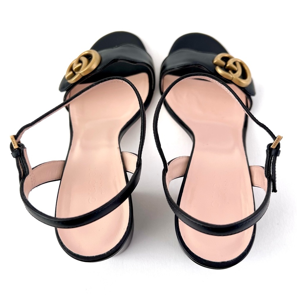GUCCI | Marmont Double GG Black Leather Mid Heel Block Sandal EU 37.5 US 7.5 - Picture 6 of 14
